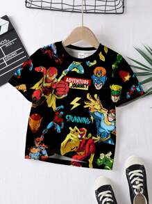 SHEIN Baby Boy Casual Minimalist Cartoon Print Round Neck Short Sleeve Loose T-Shirt, Suitable For Summer - Multicolor - View 2