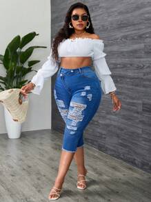 SHEIN SXY Plus Size Women Elastic Personalized Asymmetric Waist Sexy Ripped Capri Jeans