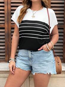 Franclia Plus Size Simple Black & White Striped Short Sleeve T-Shirt, Spring & Summer