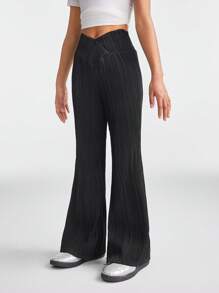 SHEIN Tween Girls Baby Spring/Summer Elastic Waistband Pleated Black Petite Bell Bottoms - Black - View 3