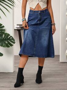 SHEIN LUNE Mid-Waist Loose Denim Washed A-Line Flared Midi Denim Skirt, Casual Holiday