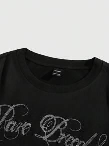 ROMWE MEN Goth Men's Cross & Letter Print Short Sleeve T-Shirt - Black - View 3