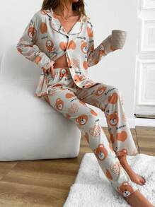RueChic Cotton Women 2 Pcs Contrast Colour Button Front Detail Cute Bear Pattern Homewear PJ Set - Apricot - View 1