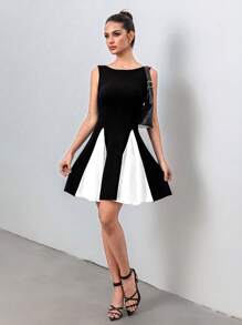 Calvaya Vestido mini con cuello redondo, plisado y de color block (negro y colores) para mujeres