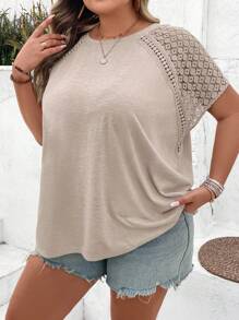 SHEIN CURVE+ Plus Size Color Block Lace Splicing Short Sleeve T-Shirt, Suitable For Beach Vacation In Summer Boho Vacation - Khaki - View 7