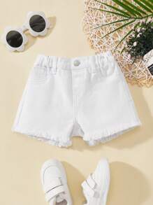SHEIN Baby Girl 2025 New Casual Simple Fashion Daily Wear White Denim Loose Shorts,Kid Girls Spring And Summer Casual Vacation Country Boho Wear, Beach Outfits For Kid Girls,Western Street Wear For Girl,Spring Break Outfits,Rave Outfits Festival Denim Shorts - White - View 1
