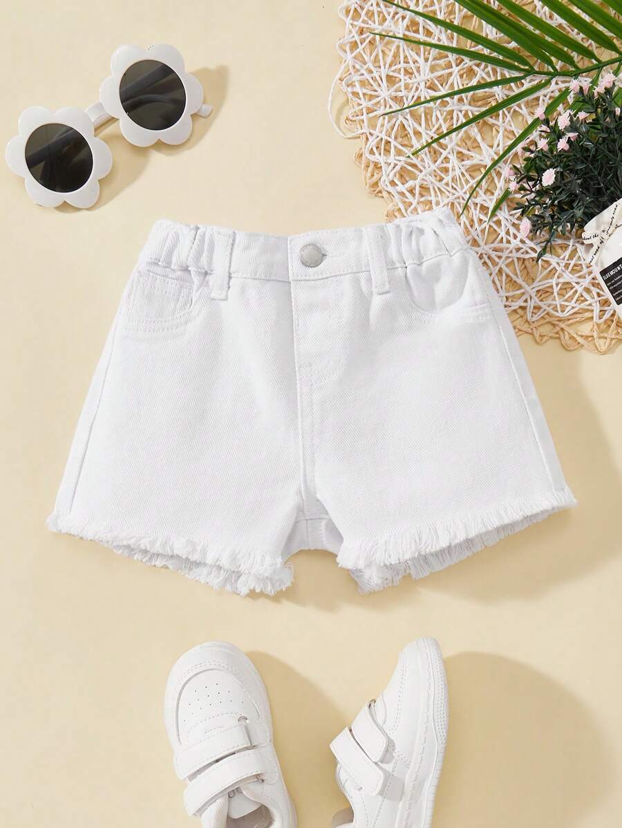 SHEIN Baby Girl 2025 New Casual Simple Fashion Daily Wear White Denim Loose Shorts,Kid Girls Spring And Summer Casual Vacation Country Boho Wear, Beach Outfits For Kid Girls,Western Street Wear For Girl,Spring Break Outfits,Rave Outfits Festival Denim Shorts - White - View 1