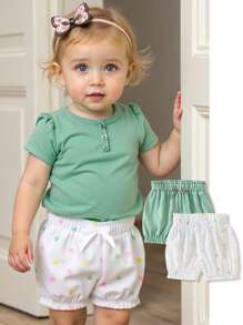 2pcs/Set Baby Girls Casual Korean Style Cute Heart Printed & Solid Color Woven Shorts, Summer - Multicolor - View 1