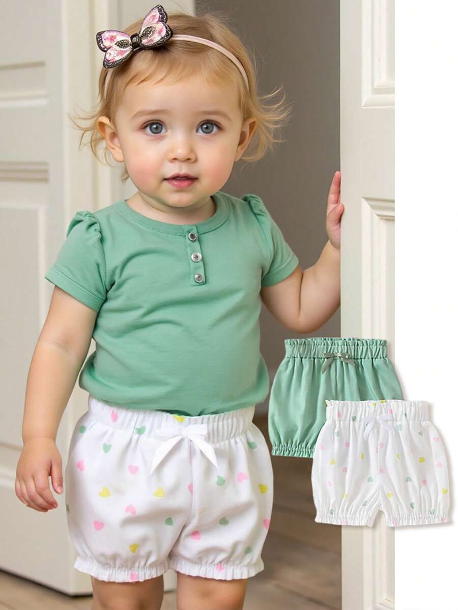 2pcs/Set Baby Girls Casual Korean Style Cute Heart Printed & Solid Color Woven Shorts, Summer - Multicolor - View 1
