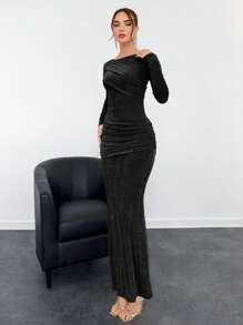 Aloruh Women Sparkly Ruched Wrap Khaki Gold Knit Bodycon Mermaid Maxi Party Dress - Black - View 4