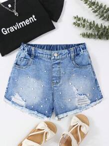 Girls Ripped Pearl Detail Denim Shorts, Fashionable Casual Lightweight Loose Washed Denim Shorts Suitable For Tween Girls, Spring/Summer 2025 New Collection, Suitable For Daily Wear - Light Wash - View 7