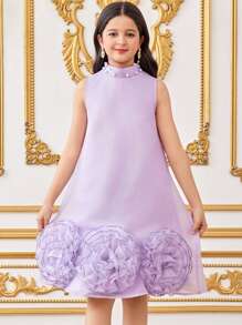 SHEIN Leap Crew Tween Girls Stand Collar Beaded 3D Floral Mesh Sleeveless A-Line Dress, Purple - Purple - View 1