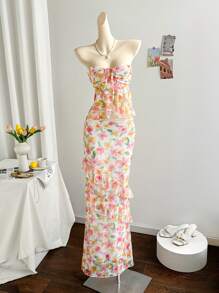 Soleia Vacation Set Consisting Of Ruffles Bandeau Maxi Dress, Minimalist & Fashionable For Casual Daily Wear - Yellow - View 5