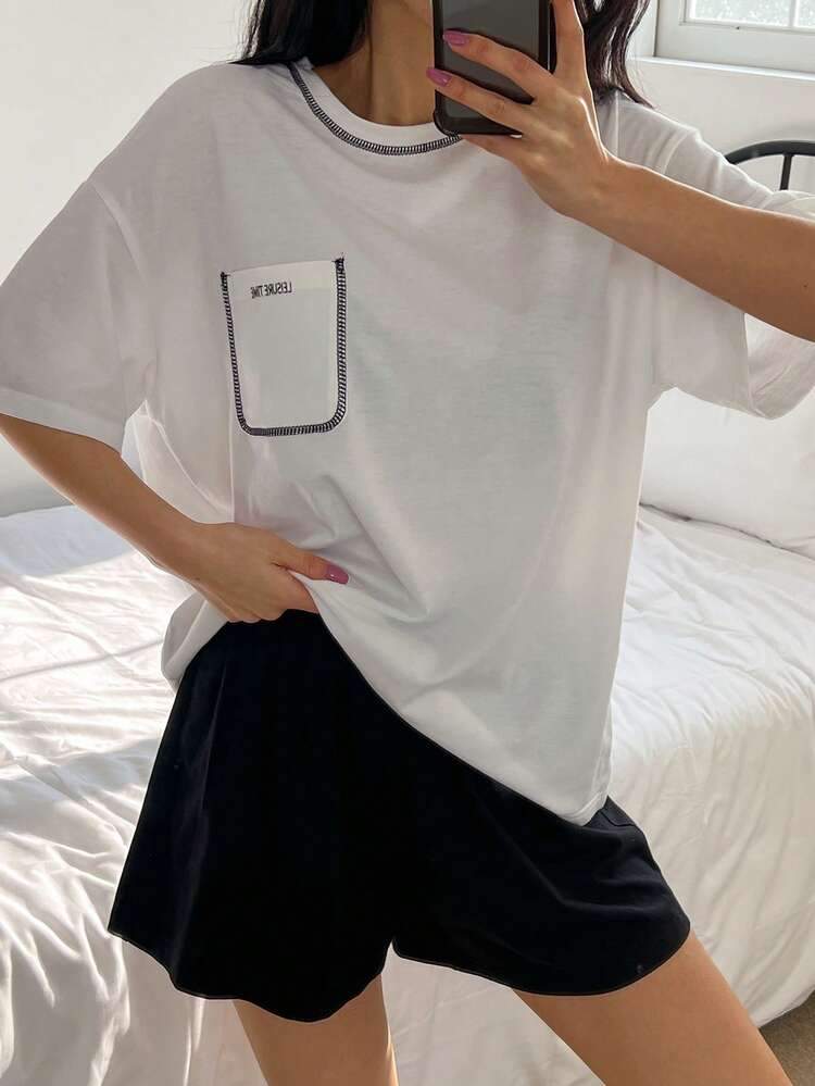 2pcs Women Colorblock Loose Short Sleeve Home Wear Set Pajama