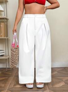 SHEIN EZwear 大码高腰休闲直筒宽松办公裤，厚实舒适 - 白色 - 查看 5