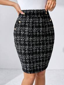 SHEIN Clasi Women's Elegant Faux Leather Pocket With Metal Buckle Skirt, Suitable For Work, Casual And Daily Wear In Summer