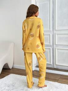 RueChic Cotton Women 2 Pcs Contrast Colour Button Front Detail Cute Bear Pattern Homewear PJ Set - Mustard Yellow - View 2