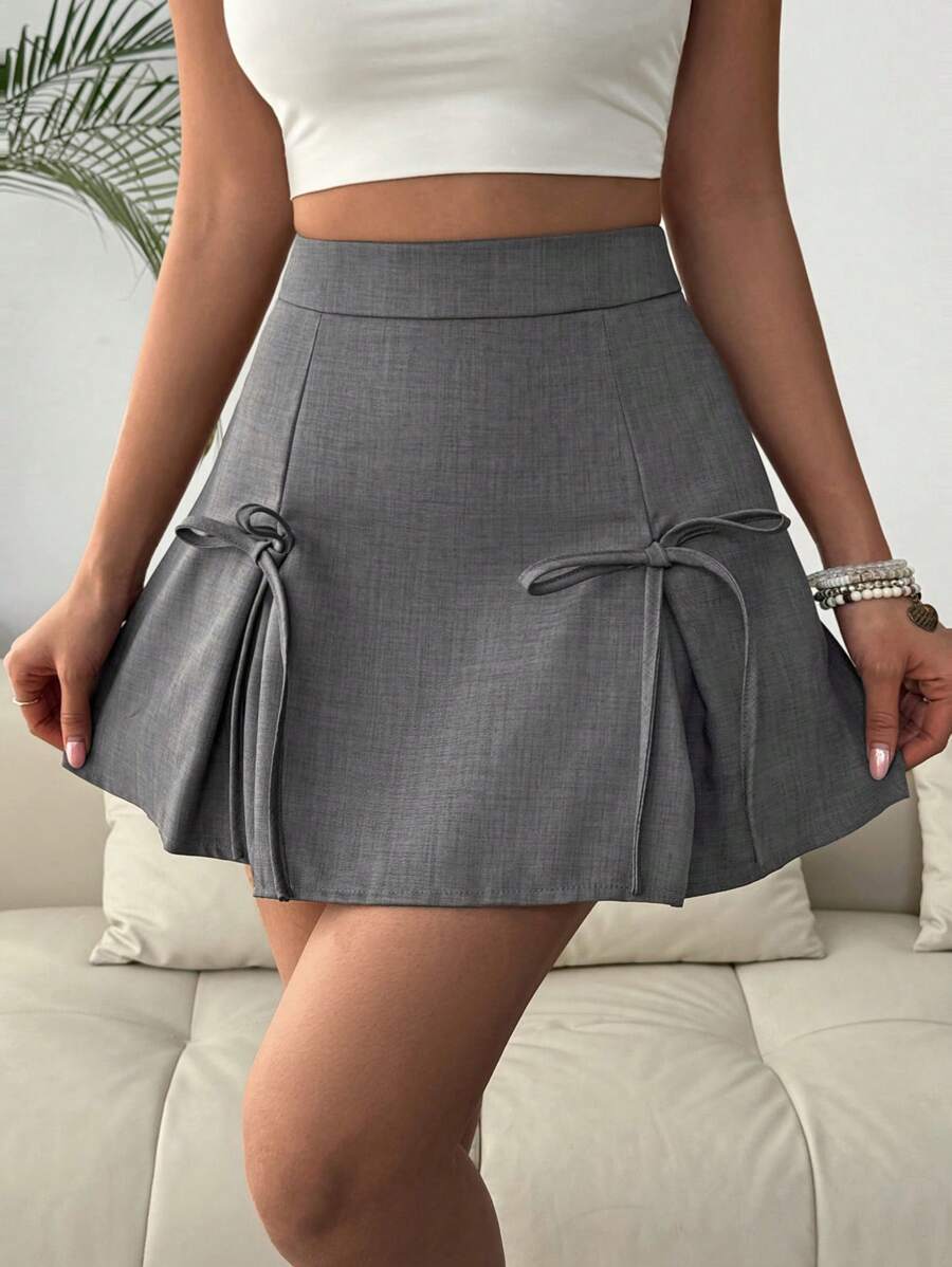 Chiquease 女士纯色高腰休闲短款蝴蝶结裙 - 灰色 - 查看 1