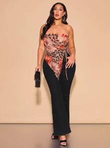 SHEIN BAE Plus Size Women Elegant Vacation Drawstring Asymmetric Bandeau Top, Flower Print Design, Suitable For Music Festival, Beach Holiday/Going Out Tops/Concert Tops/Summer Clothes/Sleeveless Top/Casual Tops/Graphic Crop Top,Graduation - Khaki - View 4