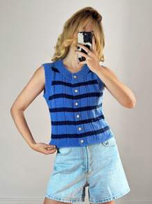 Forever 21 春季新品女士圆领无袖蓝色条纹针织休闲背心上衣 - 藍色 - 查看 3