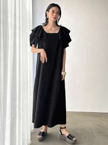 Women's Long Black Dress, Formal Guest Dress For Wedding, Vacation Attire For Women,Ruffle - Black - View 2