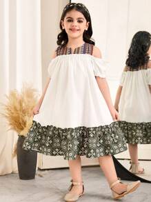 SHEIN Young Girl's Woven Patchwork Color Block Puff Sleeve Cutout Shoulder Dress - White - View 3