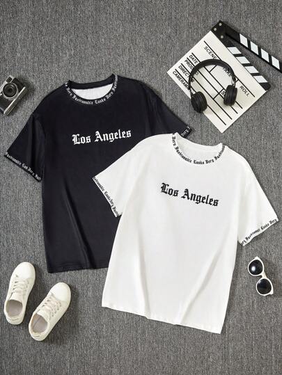 SHEIN 2pcs/Set Teen Boy Loose Fit Letter Print Round Neck Short Sleeve T-Shirts, Summer Graphic Tees,Holiday,Summer,Travel