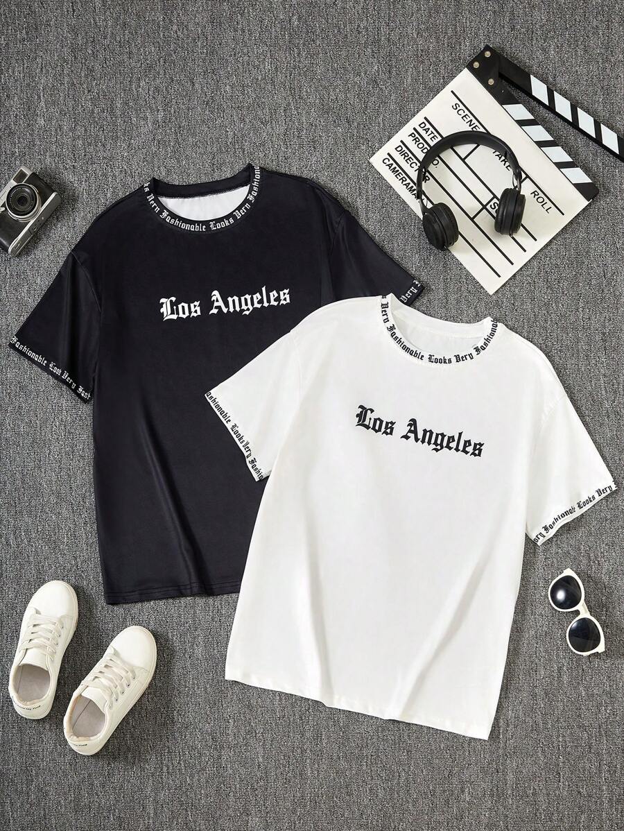 SHEIN 2pcs/Set Teen Boy Loose Fit Letter Print Round Neck Short Sleeve T-Shirts, Summer Graphic Tees,Holiday,Summer,Travel - Black and White - View 1