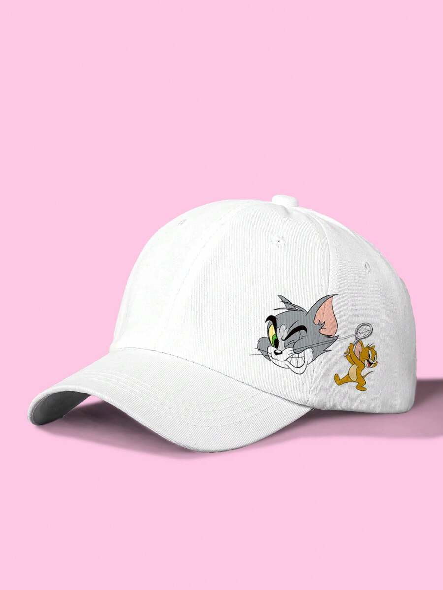 TOM & JERRY X SHEIN 1pc Cute Basics Cartoon Graphic Baseball Cap, Unisex, Suitable For Casual Wear - White - View 1
