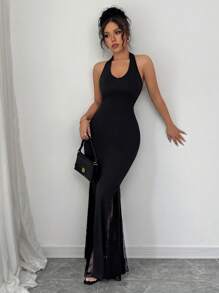 Rafferiza Women's Plunging V-Neck Halter Tie Back Contrast Lace Bodycon Fishtail Dress - Black - View 5