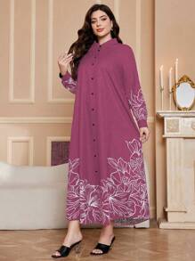 Al Najma 大码女式花卉印花长袖宽松长款休闲衬衫裙，春夏，端庄，休闲风格，超长大码连衣裙