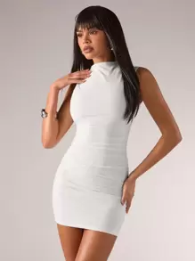 SHEIN BAE Vestido mini ajustado de cuello de tortuga plisado de unicolor minimalista para mujer, vestido largo elegante para verano, Navidad, Acción de Gracias, otoño, Navidad, fiesta de vacaciones, rojo, burdeos, invierno, invitado de boda