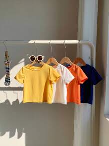 SHEIN 4pcs Baby Solid Knit Soft Round Neck Short Sleeve Pullover Tops Set, For Boys And Girls - Multicolor - View 6