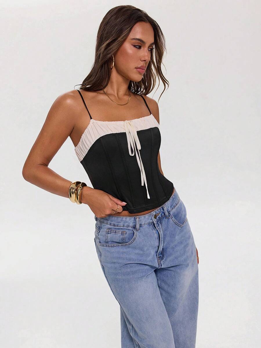 SHEIN BAE Sexy Sweet & Spicy Women's Party Top With Mesh & Satin Patchwork, Suitable For Music Festival, Street Fashion, Party Activities, Daily Wear - Black - View 1