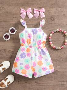 SHEIN 女婴夏季可爱花卉图案针织连体衣 - 彩色 - 查看 3