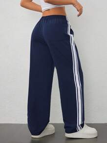 SHEIN PETITE Women's Fall Streetwear Basic Lightweight Woven Tape Contrast Stripe Elastic Waistband Comfy Athletic Navy Blue Wide Leg Mid Rise Straight Leg Pants With Side Stripes Baggy Joggers - Navy Blue - View 2
