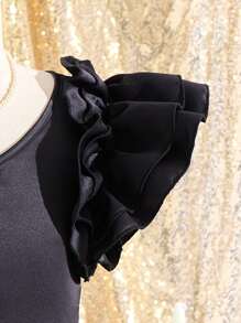 1pc Tween Girl Ruffled Strap Glittery Fancy Dress, Spring/Summer - Black - View 3