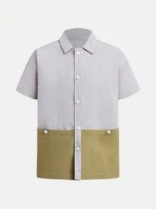 SHEIN Tween Boys' Casual Fashion Contrast Pocket Design Versatile Button-Down Shirt, Suitable For Spring/Summer Outdoor Activities, Hiking - Multicolor - View 4