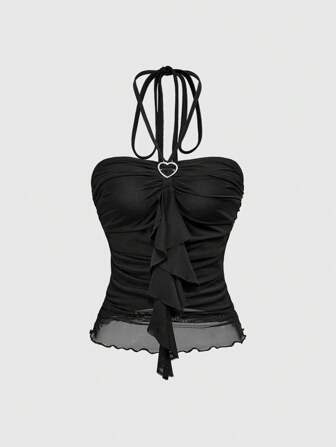 Kawaii Women's Ruched Patchwork Turtleneck Sleeveless Top