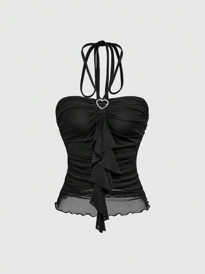 Kawaii Women's Ruched Patchwork Turtleneck Sleeveless Top