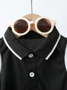 1pc Toddler Boys Casual Polo Collar Striped Short Sleeve Solid Color Romper, Suitable For Summer Outdoor Wear, Infant Baby Boys Clothes, Newborn Baby Romper, Baby Bodysuit, Baby Outfit, 3M-2T