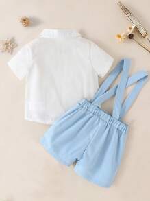 SHEIN Baby Boy Infant Casual Simple Color-Blocked Striped Short Sleeve Solid Color Shirt And Color-Blocked Shorts Set, Suitable For Summer - Multicolor - View 2