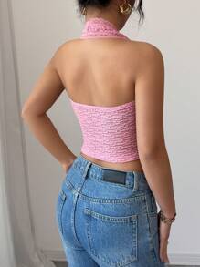 Elenzga Camiseta de tirantes sexy para mujer con cuello en V profundo, bordado floral 3D y detalle de lazo con encaje - Rosa - Ver 2