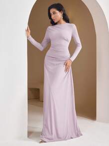 Veilorie Vestido ajustado de manga larga con cuello redondo y drapeado en color liso para mujer