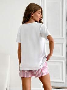 RueChic Baumwoll 2-teiliges Damen Set mit Linien-Muster Shorts und Slogan-Muster Oberteil als Hausanzug