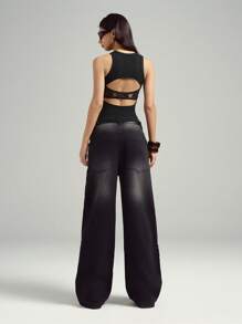 LYSMO 2025新款蕾丝拼布露背背心，简约时尚休闲日常穿着 - 黑色 - 查看 1