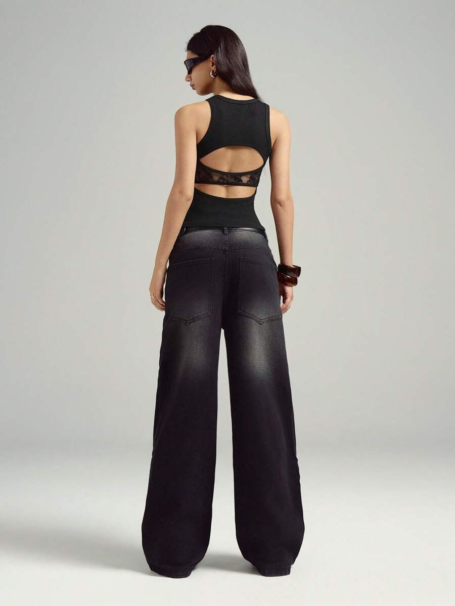 LYSMO 2025新款蕾丝拼布露背背心，简约时尚休闲日常穿着 - 黑色 - 查看 1