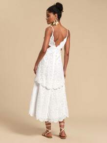 Travachic Solid Color Woven Eyelet Embroidery Waisted Hollow Out Strap Women Long Dress,Dresses For Women,Summer Outfits For Women - White - View 2