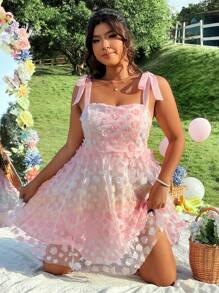 Celure Vestido de mujer de talla grande elegante con textura trenzada, floral de malla de organza, de doble capa y con lazo