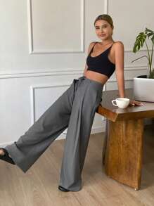 DAZY Women Plain Pleated Wide Leg Pants With Belt, Casual Commute Summer Trousers Business Attire - Grey - View 6